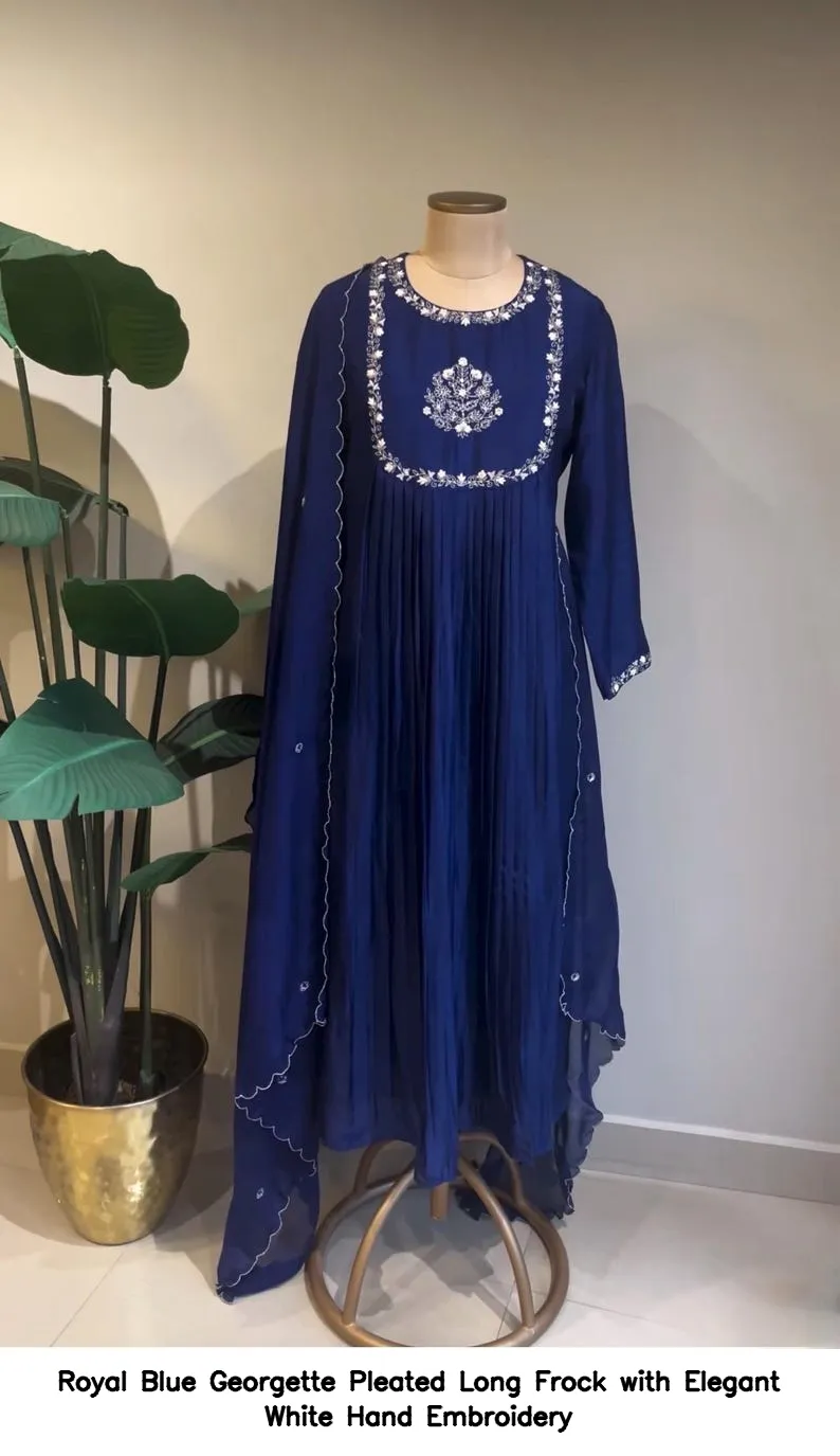 Royal Blue Georgette Pleated Long Frock with Elegant White Hand Embroidery