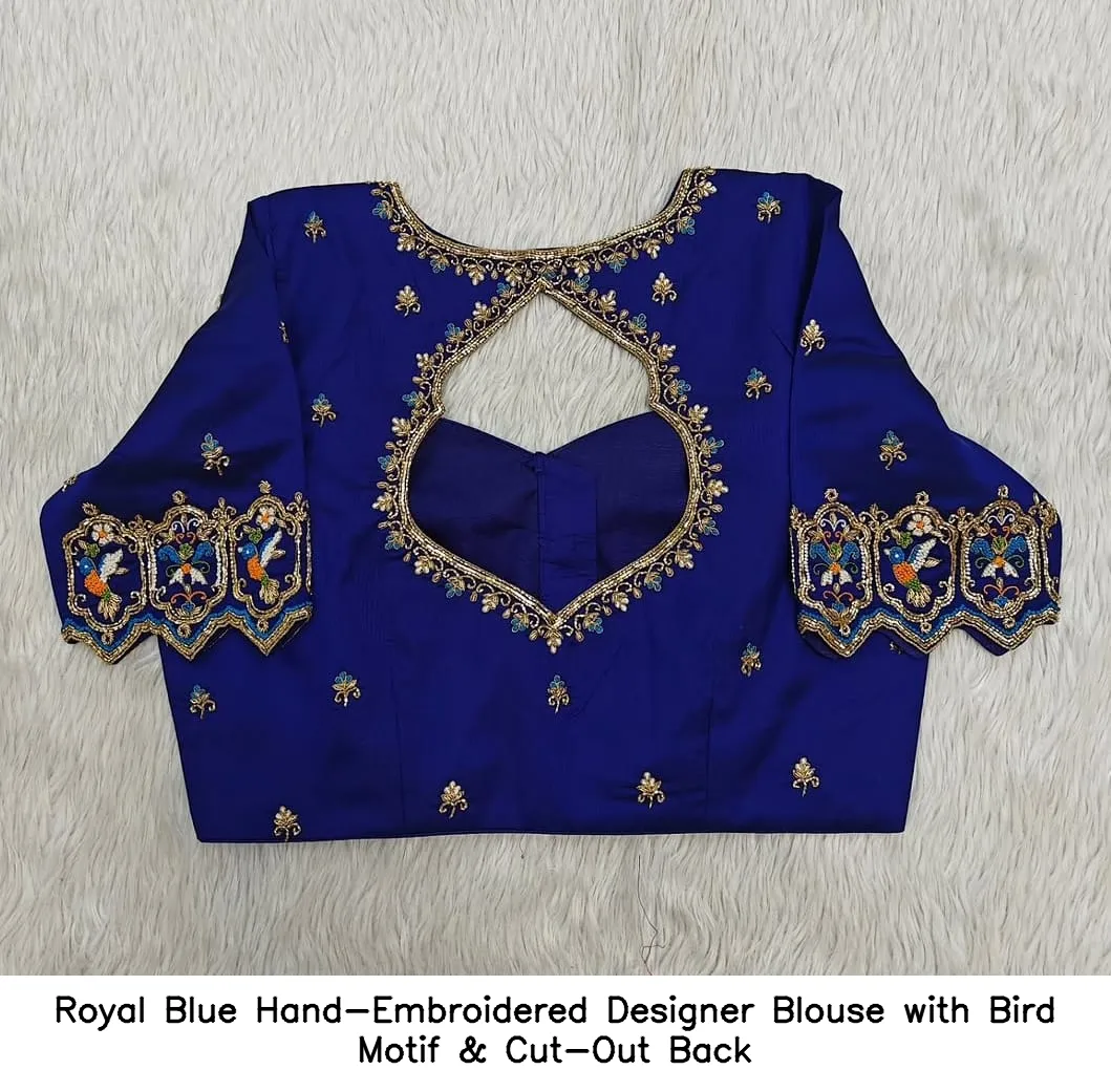 Royal Blue Hand-Embroidered Designer Blouse with Bird Motif & Cut-Out Back