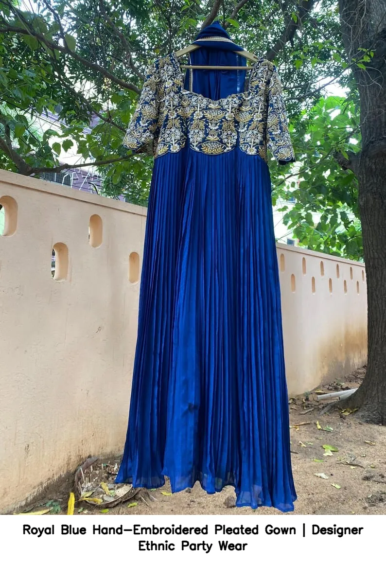 Royal Blue Hand-Embroidered Pleated Gown | Designer Ethnic Party Wear