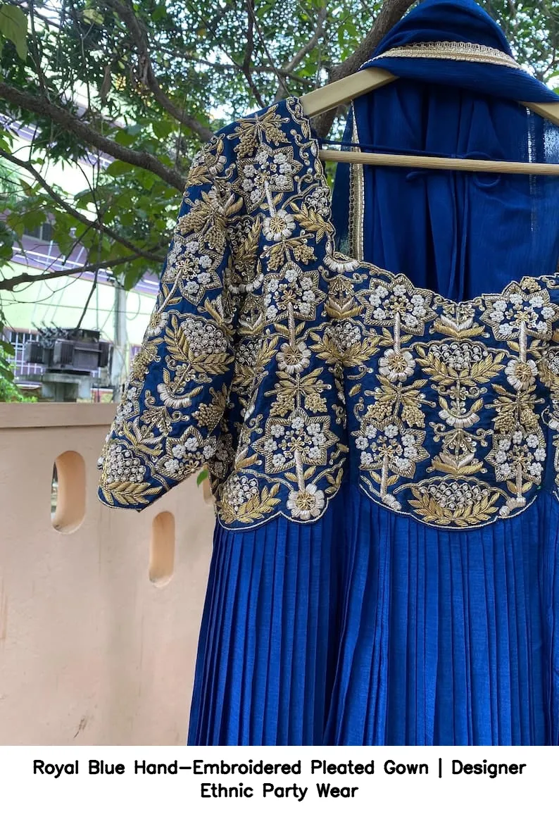 Royal Blue Hand-Embroidered Pleated Gown | Designer Ethnic Party Wear 3