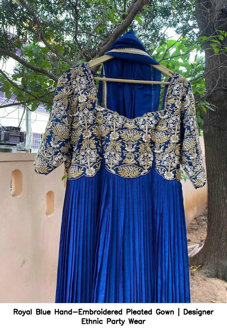 Royal Blue Hand-Embroidered Pleated Gown | Designer Ethnic Party Wear 4