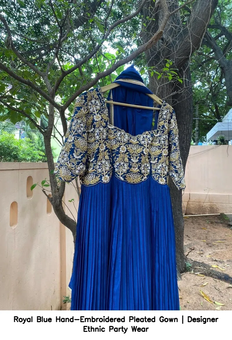 Royal Blue Hand-Embroidered Pleated Gown | Designer Ethnic Party Wear 5