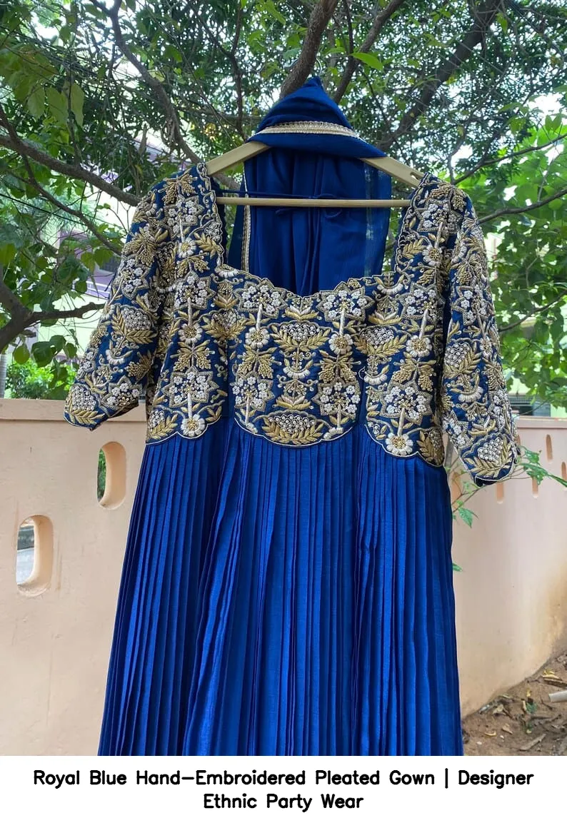 Royal Blue Hand-Embroidered Pleated Gown | Designer Ethnic Party Wear 7
