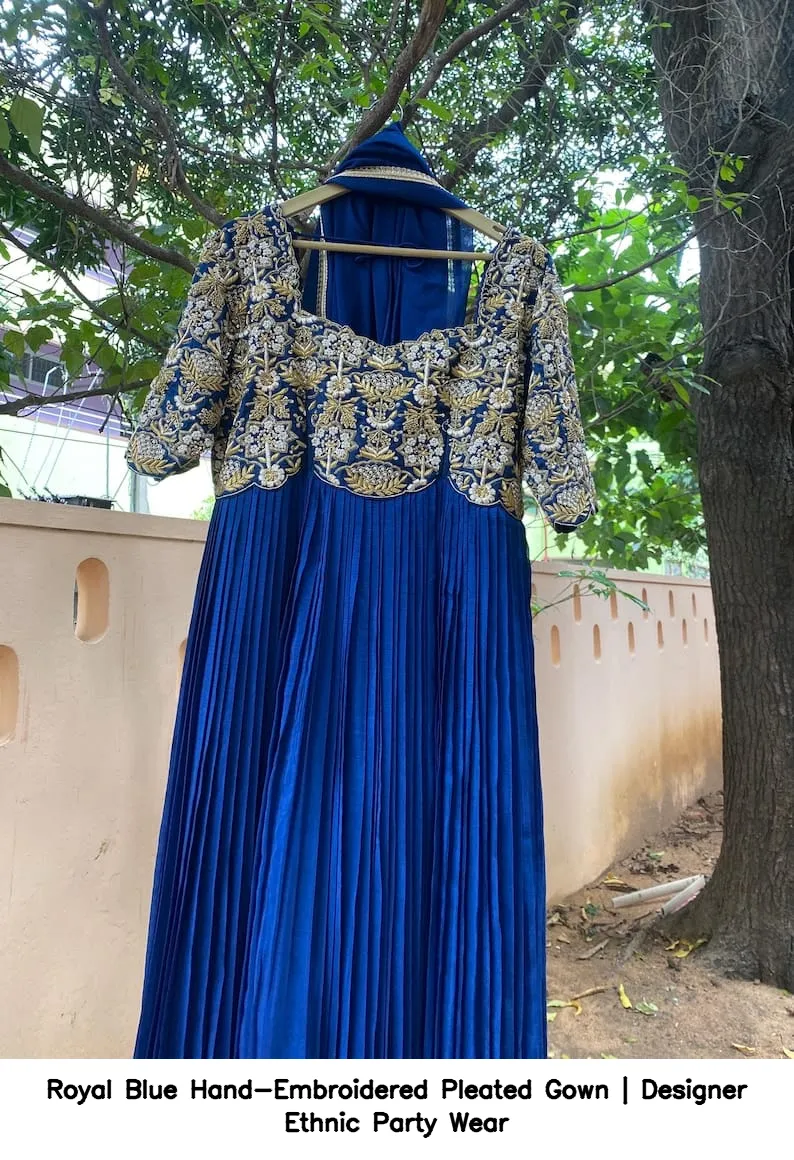 Royal Blue Hand-Embroidered Pleated Gown | Designer Ethnic Party Wear 8
