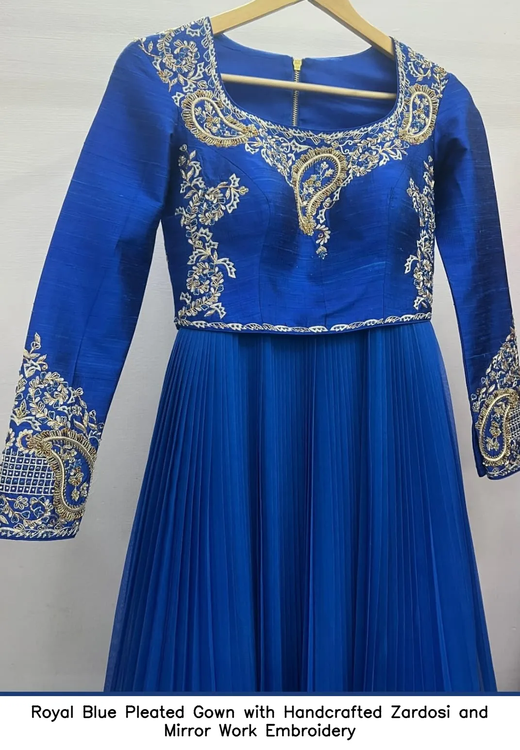 Royal Blue Pleated Gown with Handcrafted Zardosi and Mirror Work Embroidery
