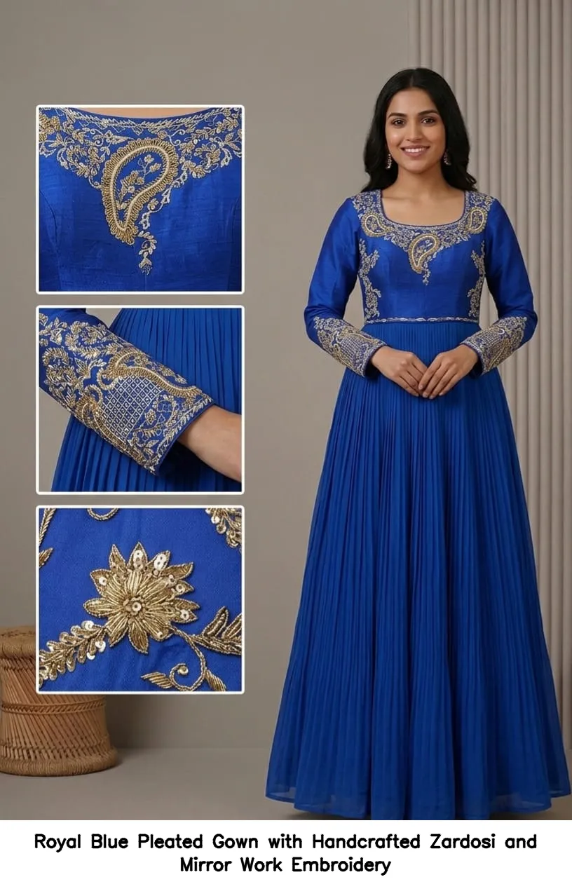 Royal Blue Pleated Gown with Handcrafted Zardosi and Mirror Work Embroidery 2