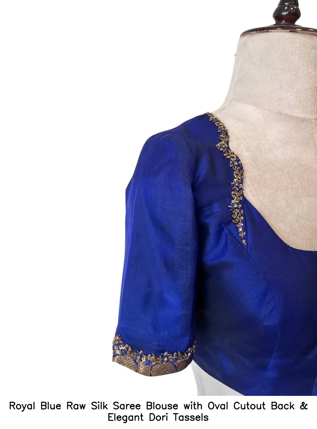 Royal Blue Raw Silk Saree Blouse with Oval Cutout Back & Elegant Dori Tassels