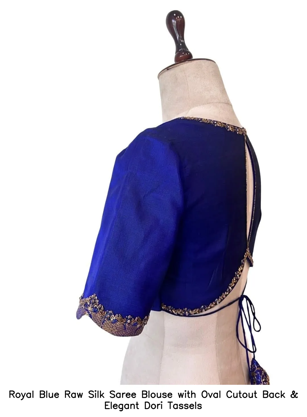 Royal Blue Raw Silk Saree Blouse with Oval Cutout Back & Elegant Dori Tassels