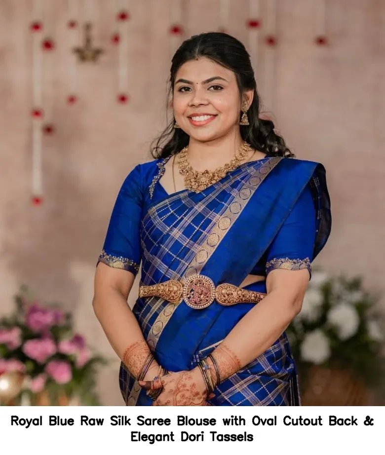 Royal Blue Raw Silk Saree Blouse with Oval Cutout Back & Elegant Dori Tassels