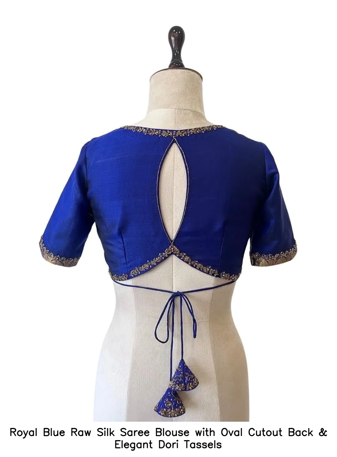 Royal Blue Raw Silk Saree Blouse with Oval Cutout Back & Elegant Dori Tassels