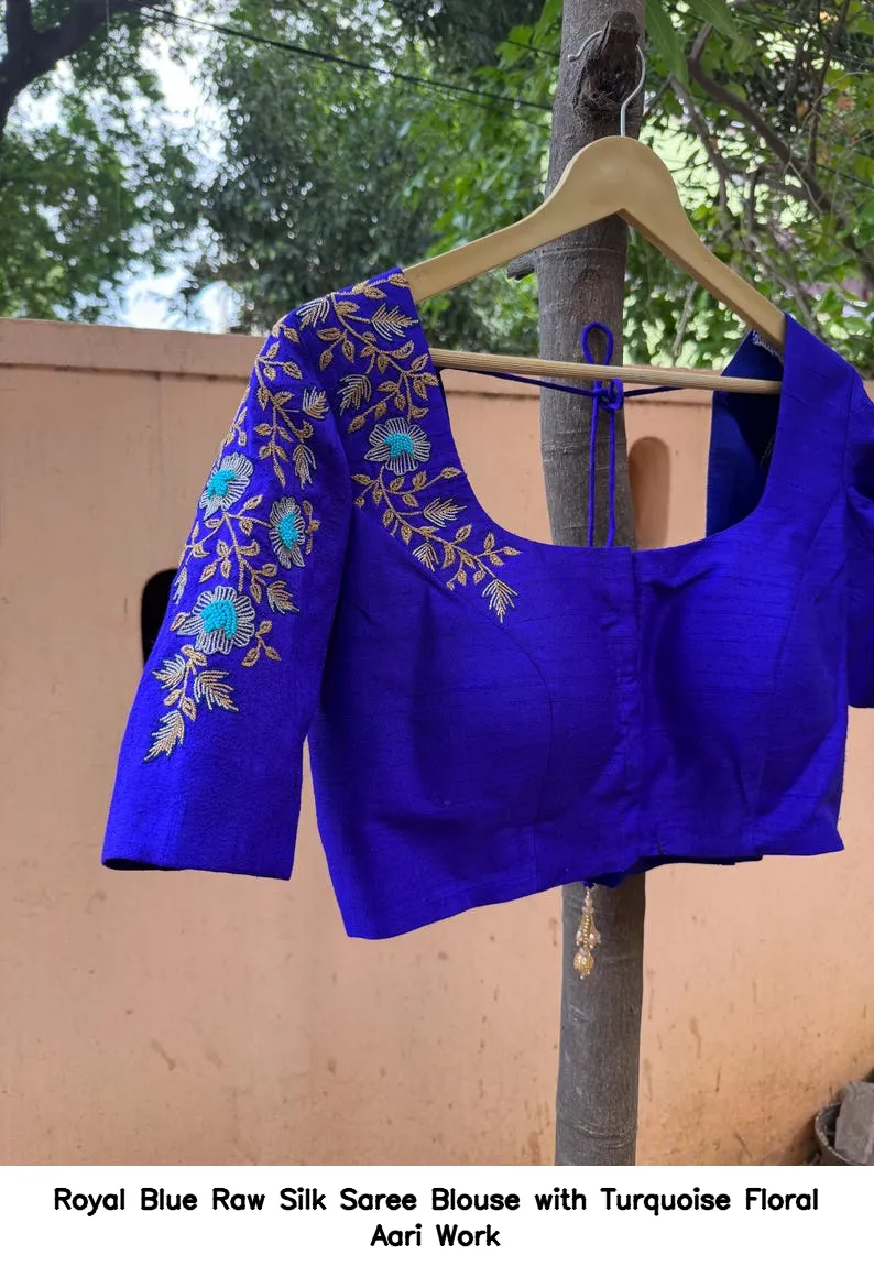 Royal Blue Raw Silk Saree Blouse with Turquoise Floral Aari Work