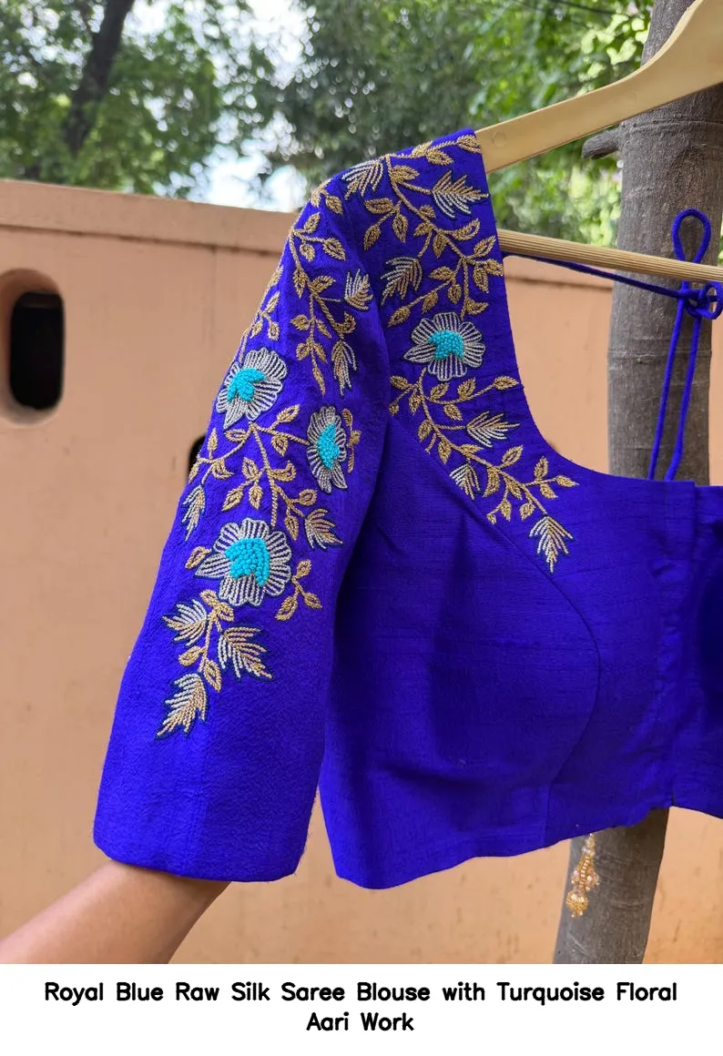 Royal Blue Raw Silk Saree Blouse with Turquoise Floral Aari Work
