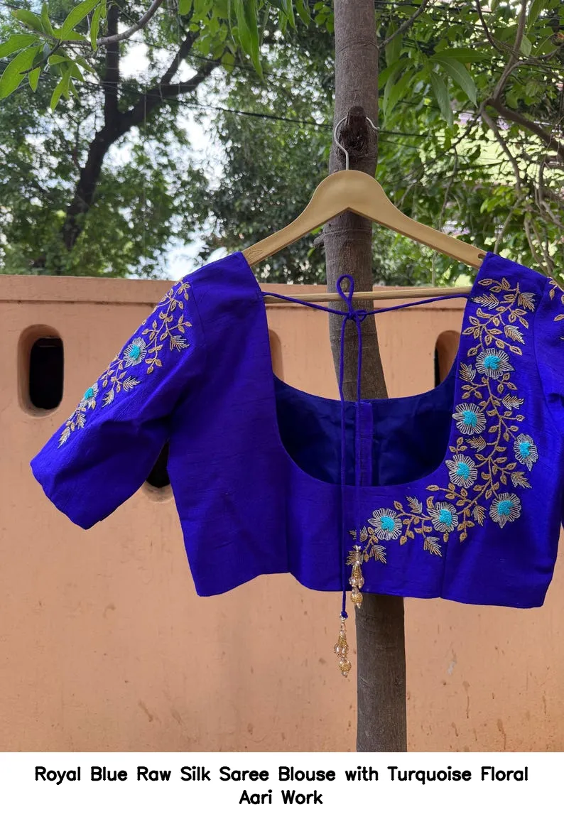 Royal Blue Raw Silk Saree Blouse with Turquoise Floral Aari Work