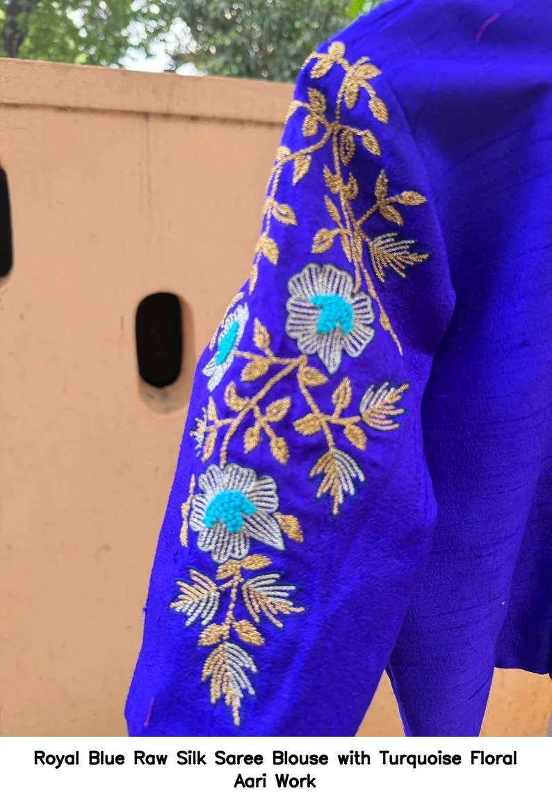 Royal Blue Raw Silk Saree Blouse with Turquoise Floral Aari Work