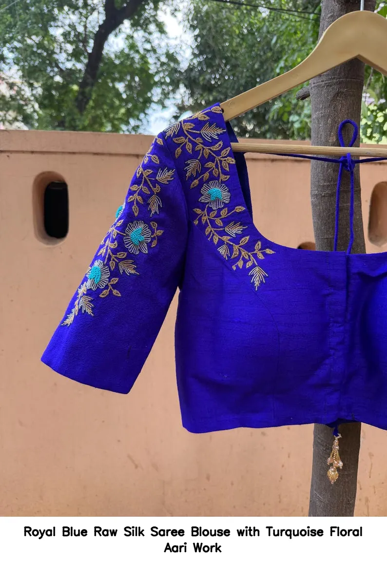 Royal Blue Raw Silk Saree Blouse with Turquoise Floral Aari Work