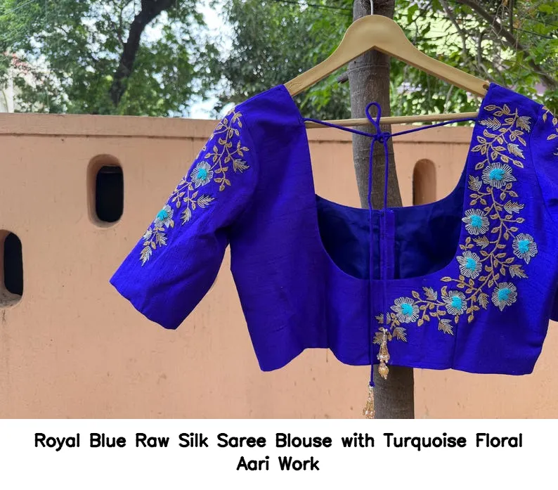 Royal Blue Raw Silk Saree Blouse with Turquoise Floral Aari Work