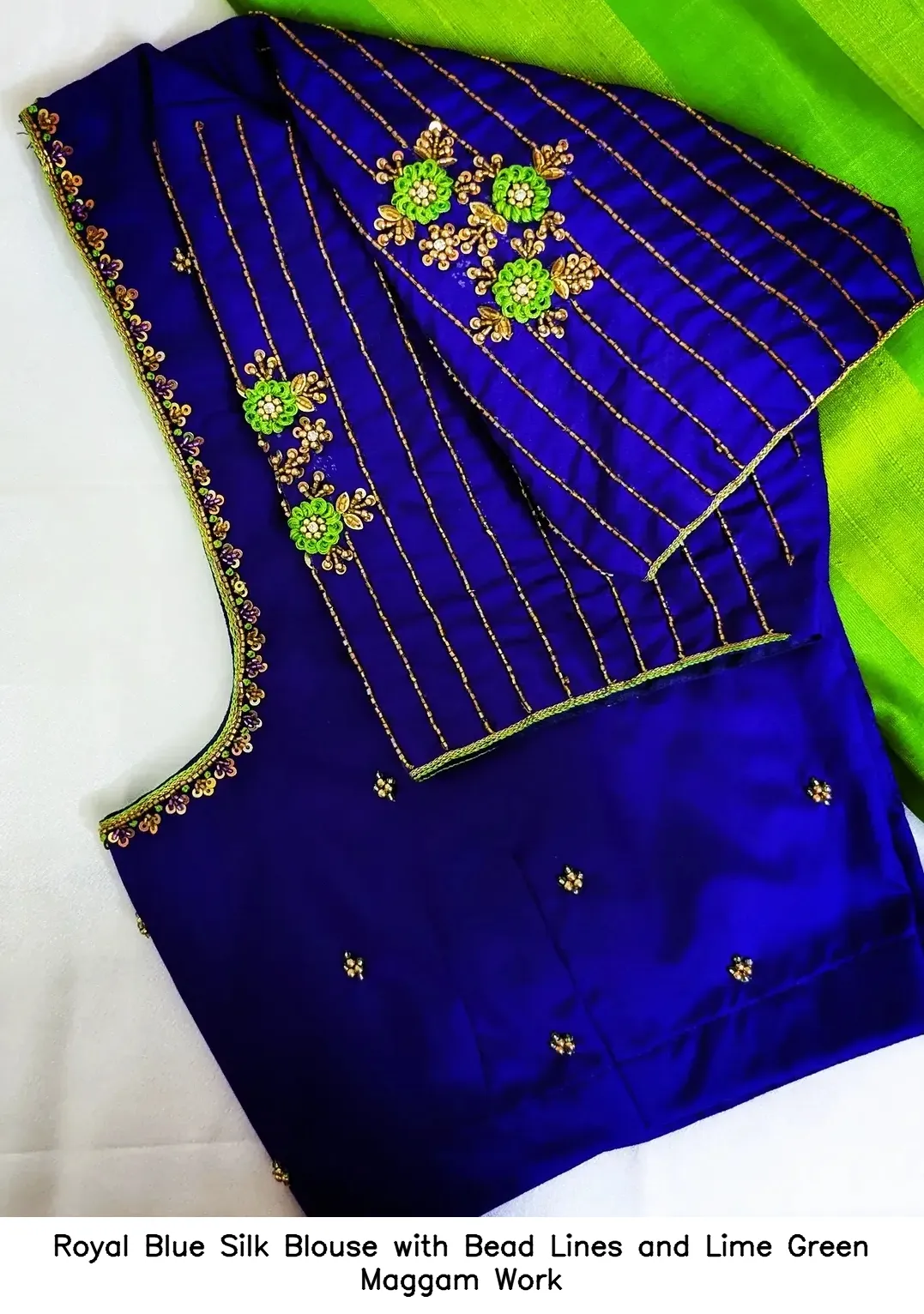Royal Blue Silk Blouse with Bead Lines and Lime Green Maggam Work