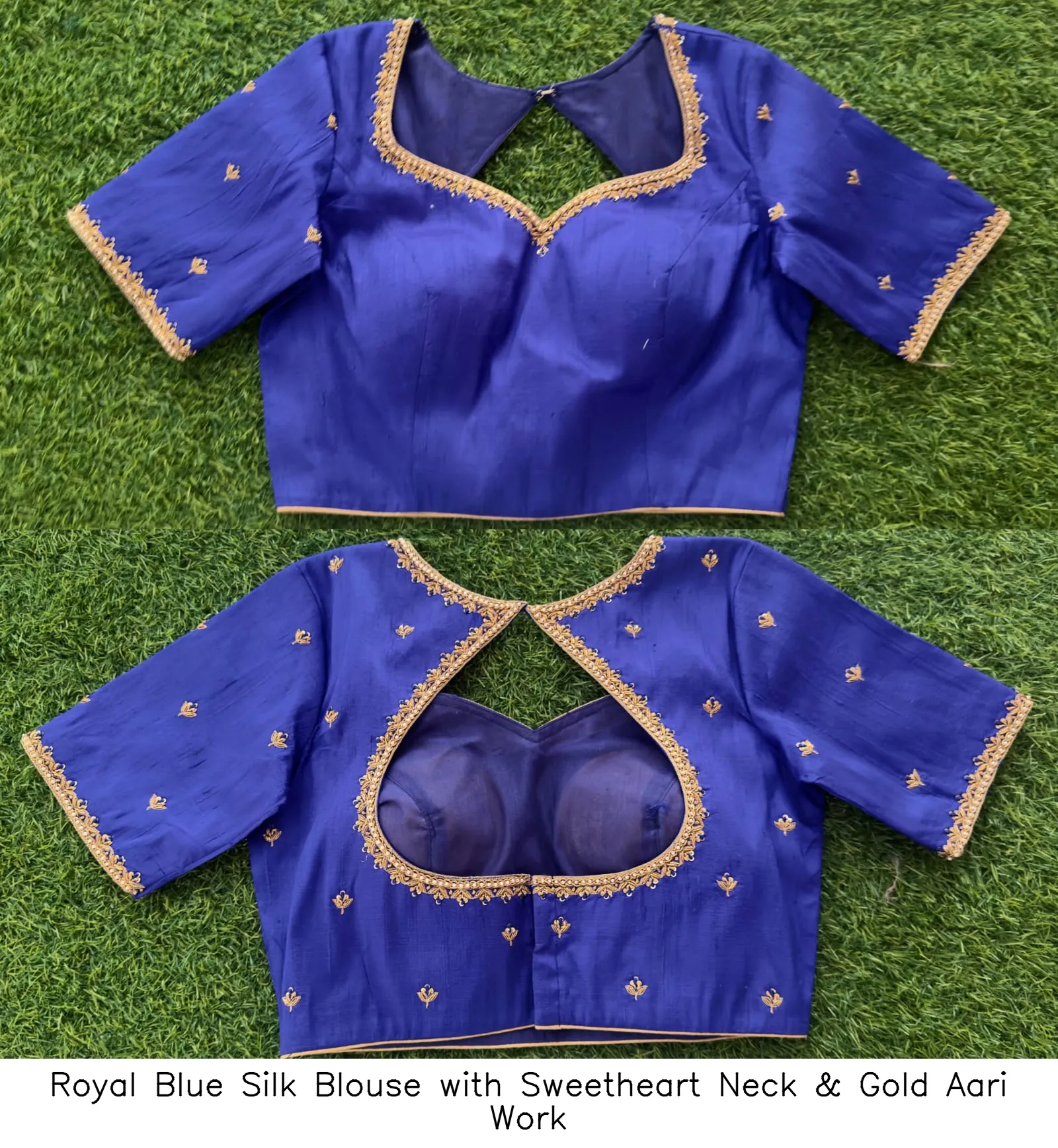 Royal Blue Silk Blouse with Sweetheart Neck & Gold Aari Work