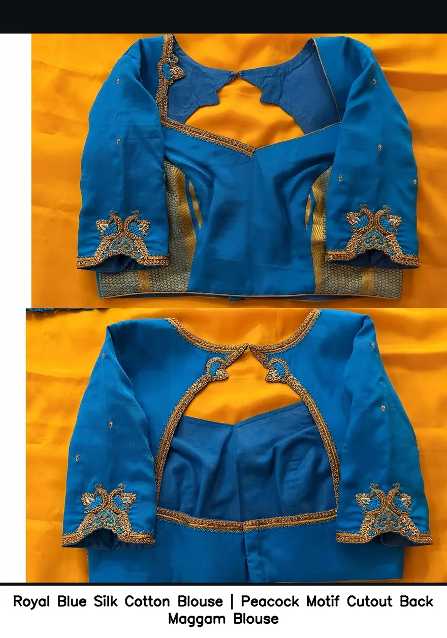 Royal Blue Silk Cotton Blouse | Peacock Motif Cutout Back Maggam Blouse