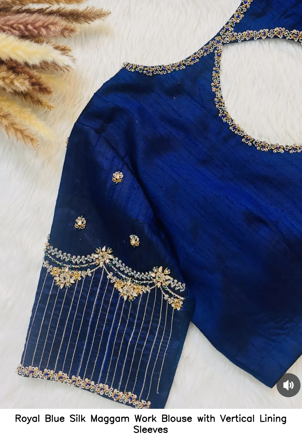 Royal Blue Silk Maggam Work Blouse with Vertical Lining Sleeves