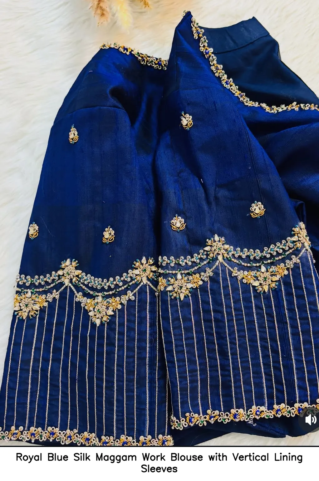 Royal Blue Silk Maggam Work Blouse with Vertical Lining Sleeves