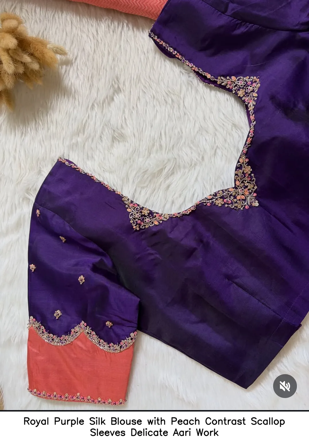 Royal Purple Silk Blouse with Peach Contrast Scallop Sleeves Delicate Aari Work