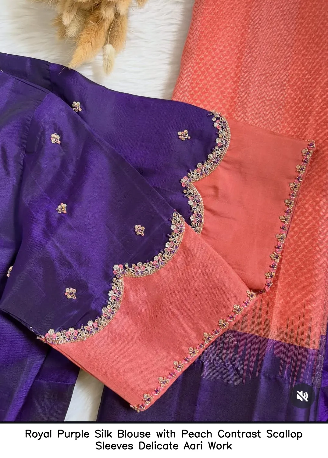 Royal Purple Silk Blouse with Peach Contrast Scallop Sleeves Delicate Aari Work