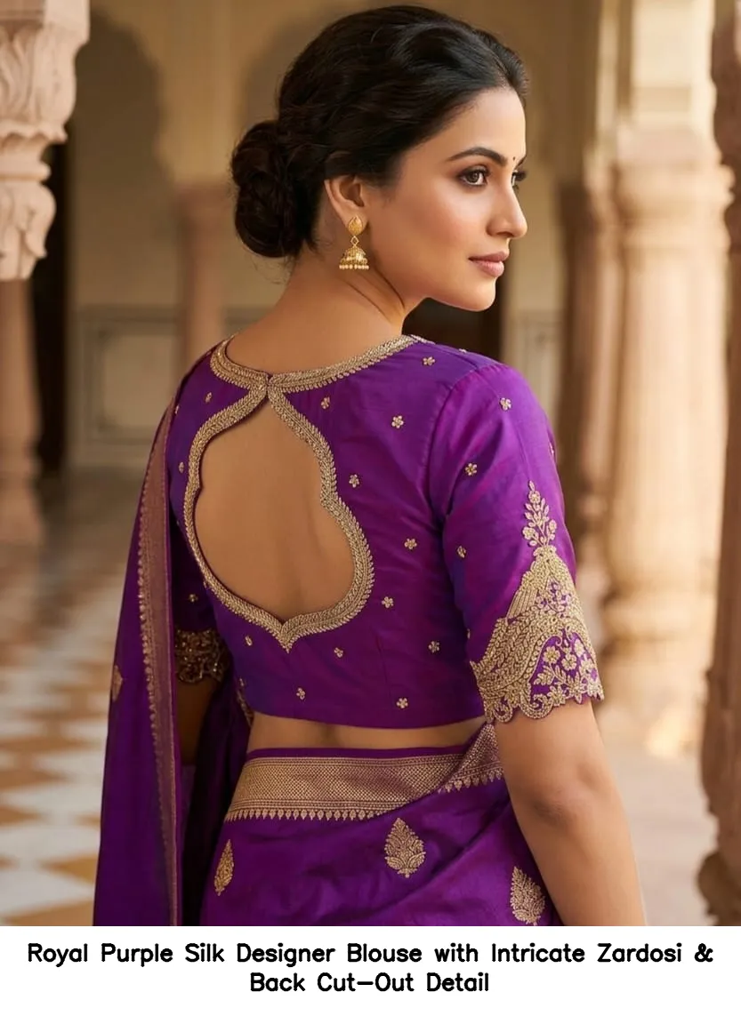 Royal Purple Silk Designer Blouse with Intricate Zardosi & Back Cut-Out Detail