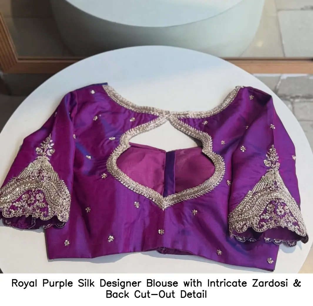 Royal Purple Silk Designer Blouse with Intricate Zardosi & Back Cut-Out Detail 5