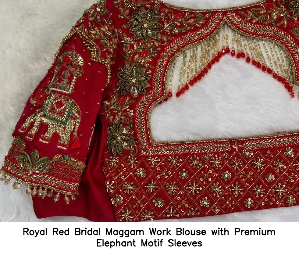 Royal Red Bridal Maggam Work Blouse with Premium Elephant Motif Sleeves 1