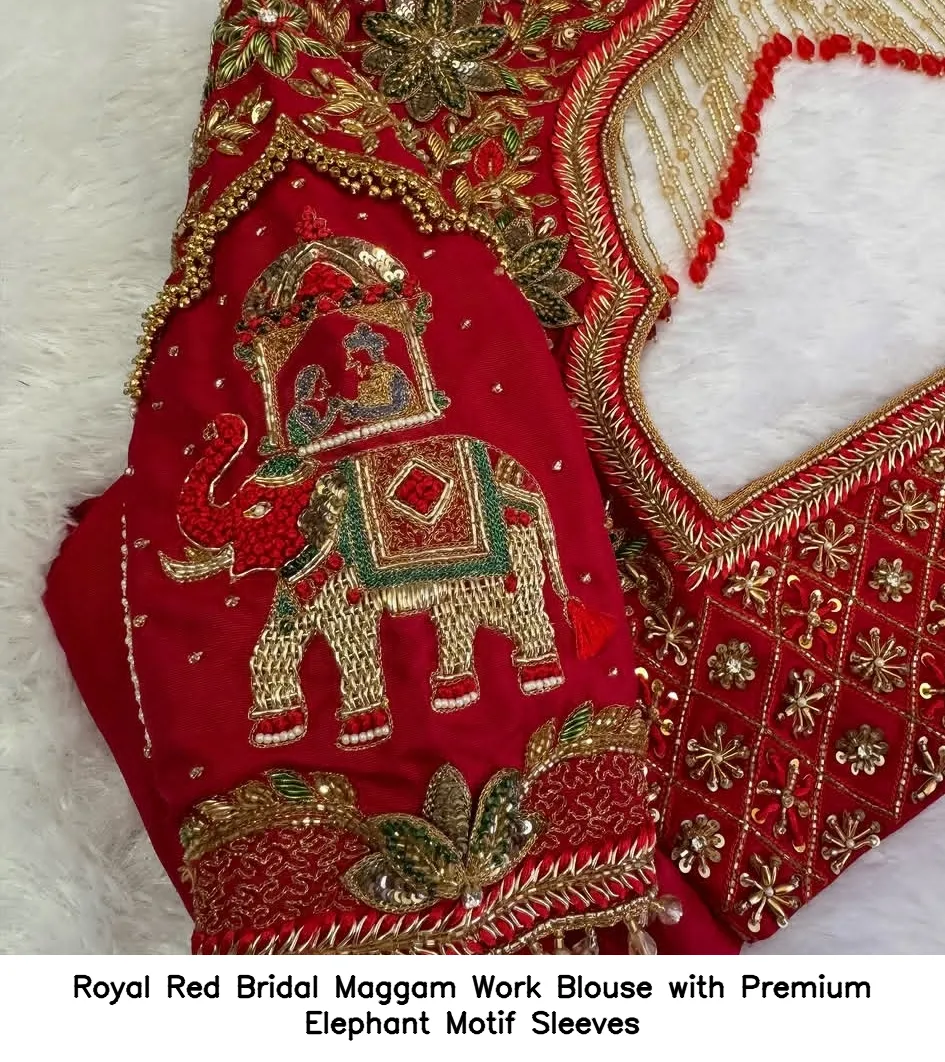 Royal Red Bridal Maggam Work Blouse with Premium Elephant Motif Sleeves 2