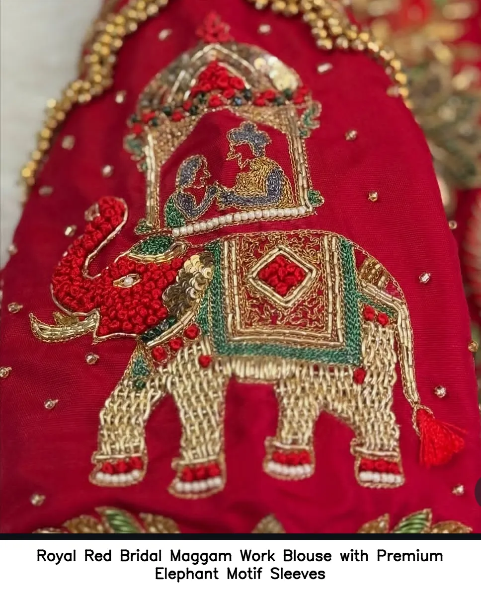 Royal Red Bridal Maggam Work Blouse with Premium Elephant Motif Sleeves 3