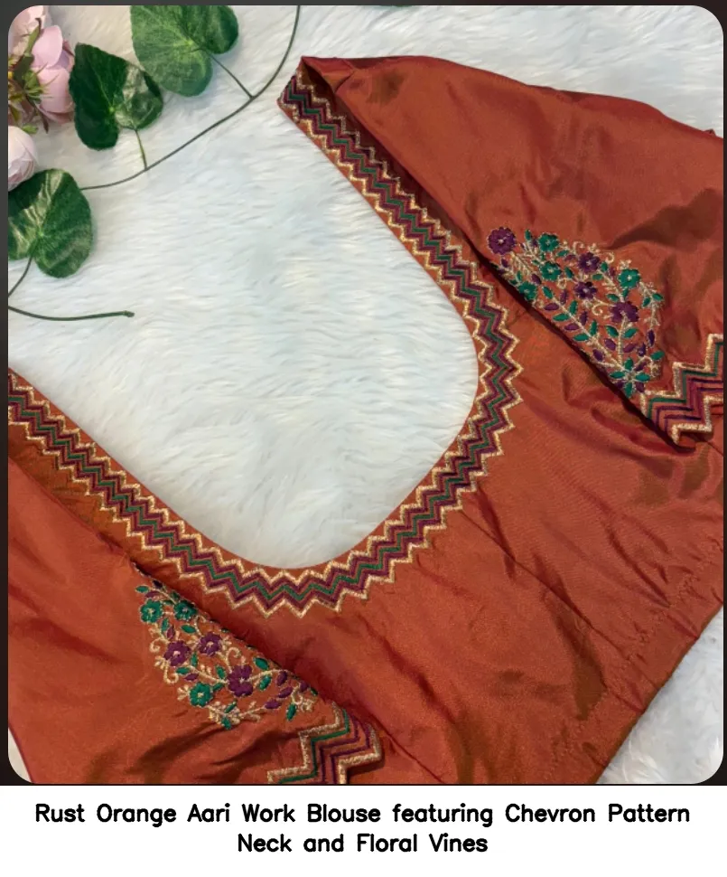 Rust Orange Aari Work Blouse featuring Chevron Pattern Neck and Floral Vines