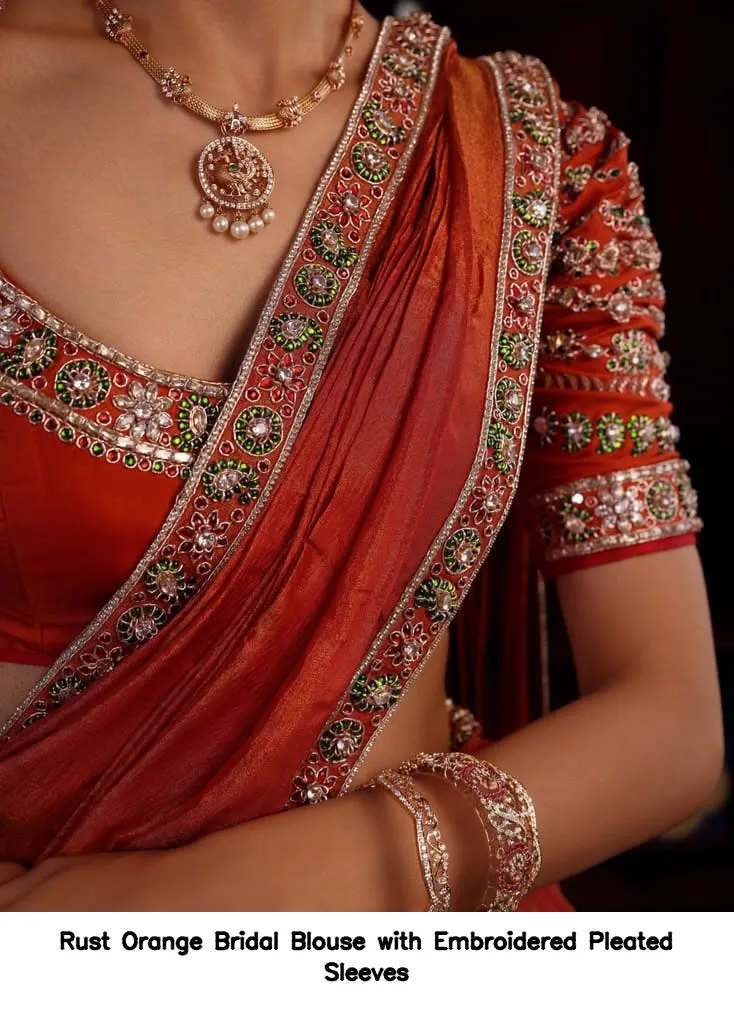 Rust Orange Bridal Blouse with Embroidered Pleated Sleeves