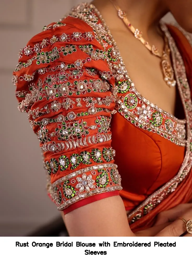 Rust Orange Bridal Blouse with Embroidered Pleated Sleeves