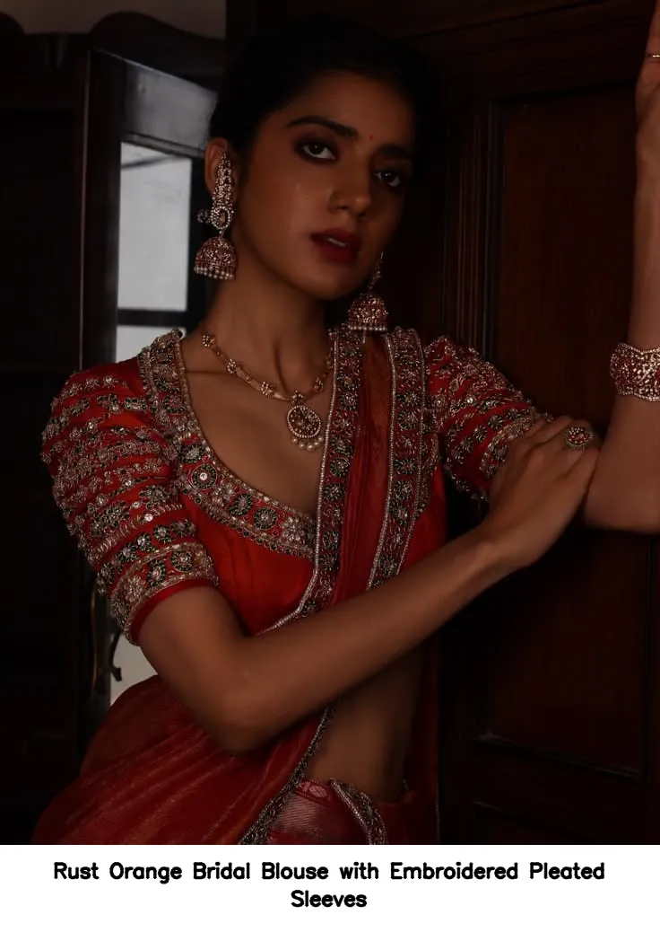 Rust Orange Bridal Blouse with Embroidered Pleated Sleeves