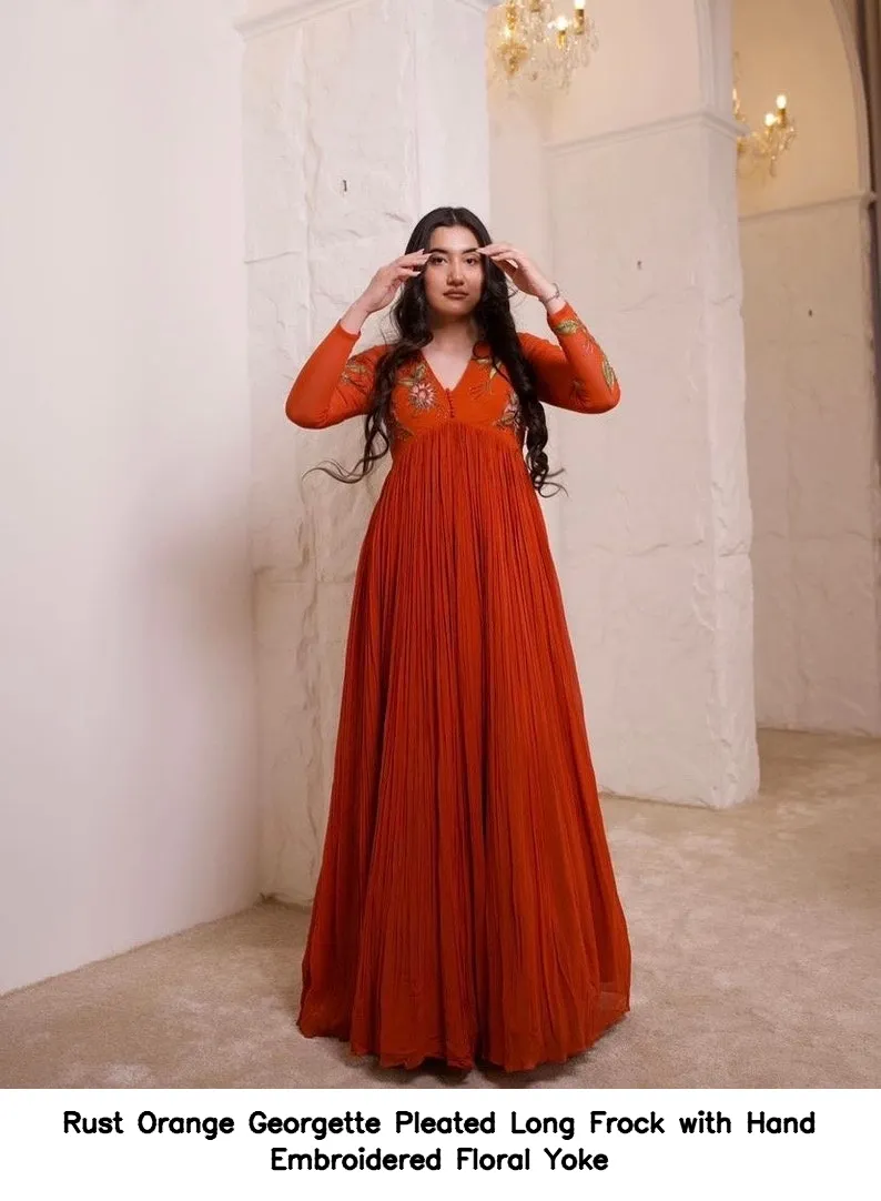Rust Orange Georgette Pleated Long Frock with Hand Embroidered Floral Yoke