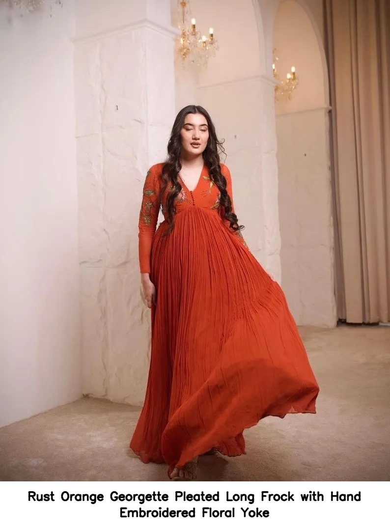 Rust Orange Georgette Pleated Long Frock with Hand Embroidered Floral Yoke