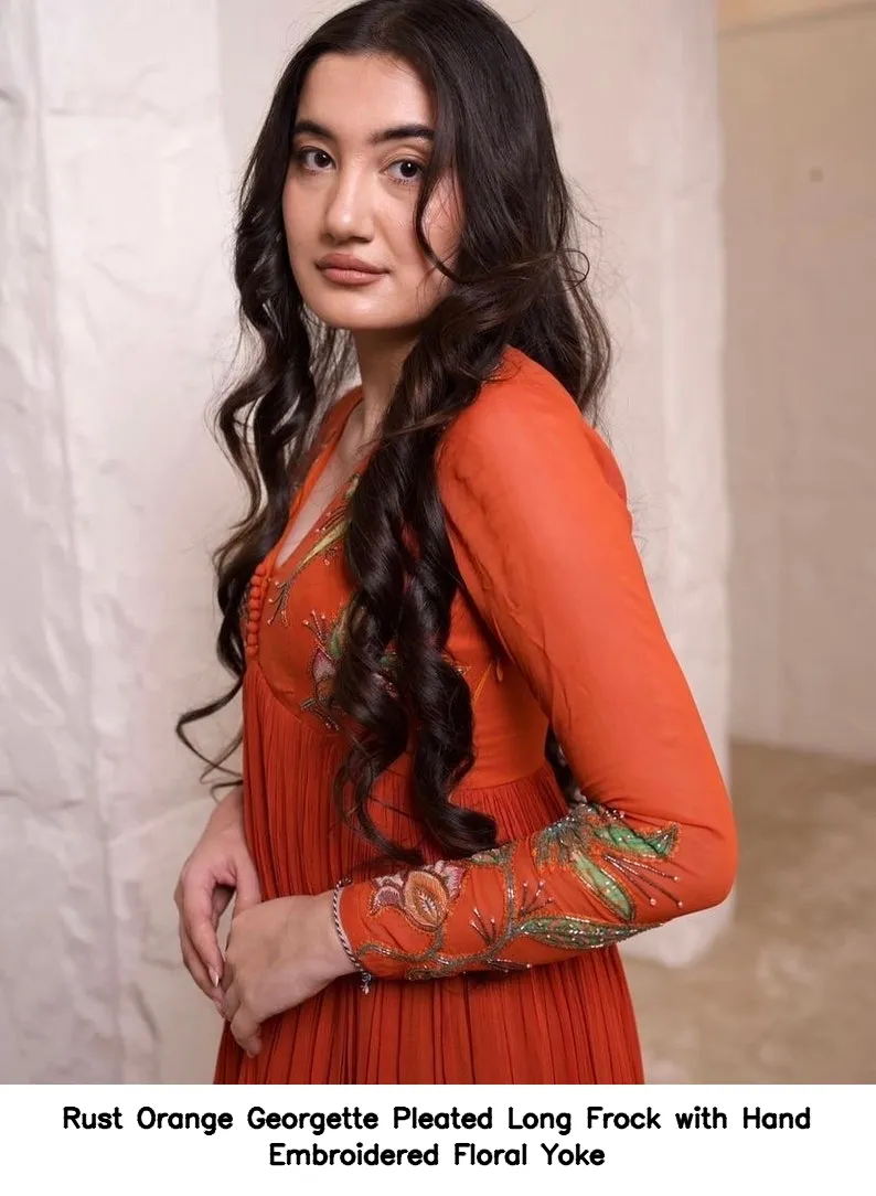 Rust Orange Georgette Pleated Long Frock with Hand Embroidered Floral Yoke