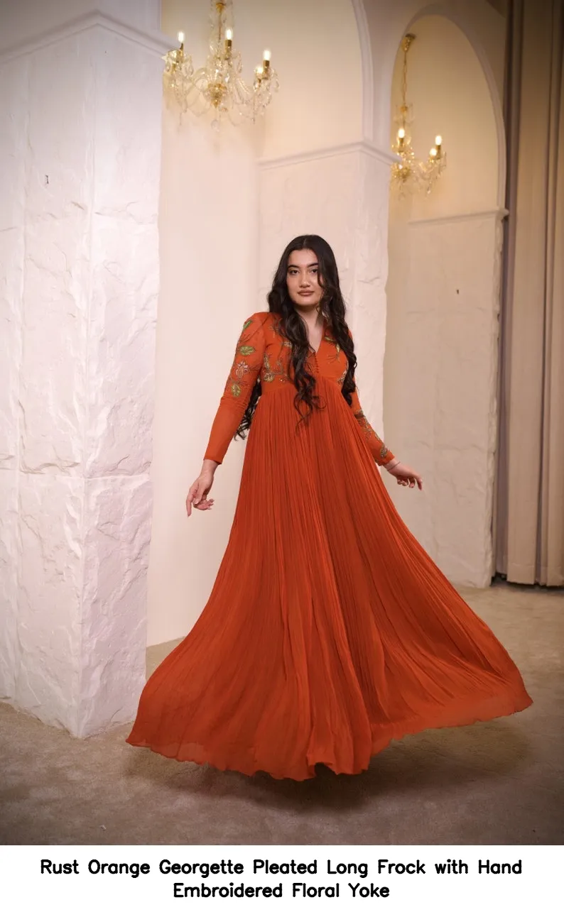 Rust Orange Georgette Pleated Long Frock with Hand Embroidered Floral Yoke