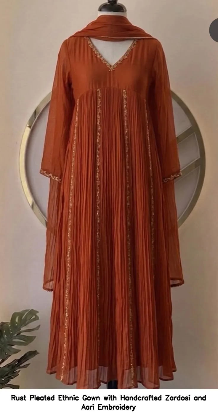 Rust Pleated Ethnic Gown with Handcrafted Zardosi and Aari Embroidery