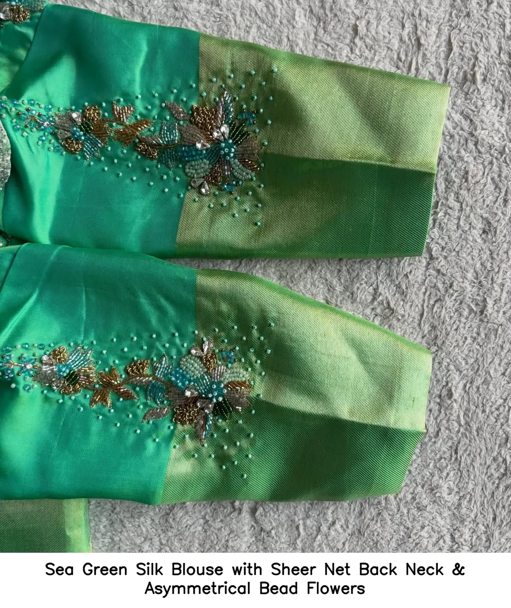 Sea Green Silk Blouse with Sheer Net Back Neck & Asymmetrical Bead Flowers