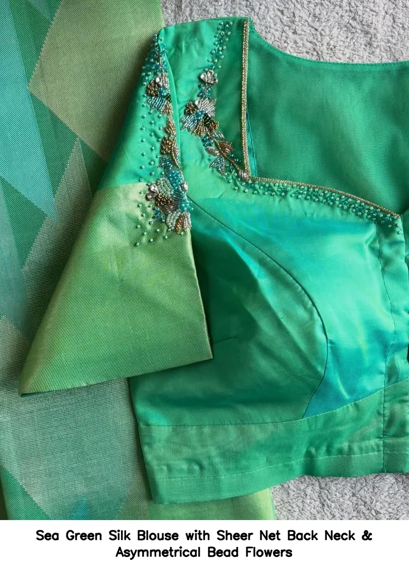 Sea Green Silk Blouse with Sheer Net Back Neck & Asymmetrical Bead Flowers