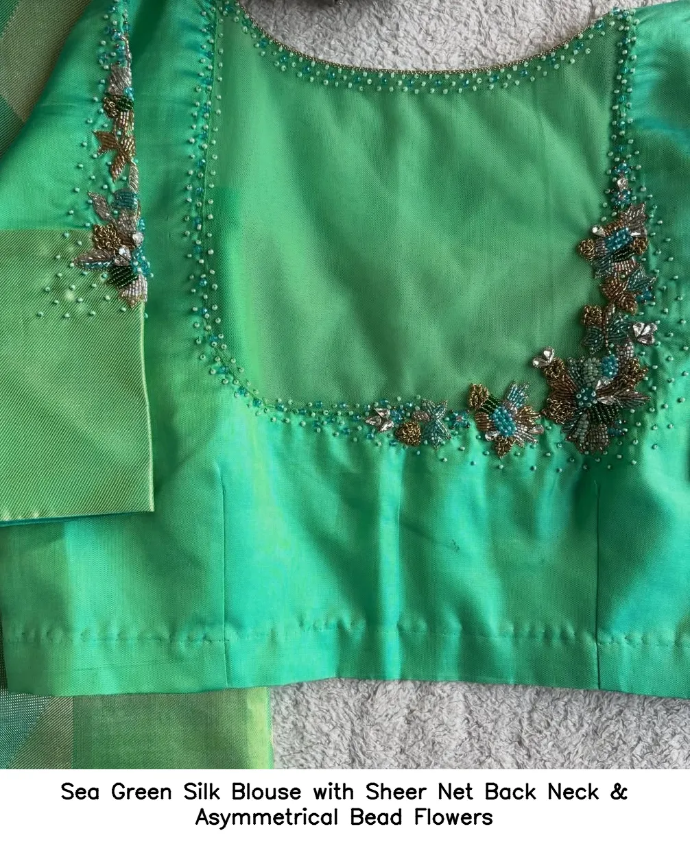 Sea Green Silk Blouse with Sheer Net Back Neck & Asymmetrical Bead Flowers