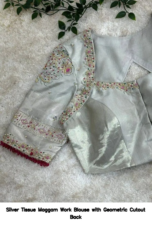 Silver Tissue Maggam Work Blouse with Geometric Cutout Back