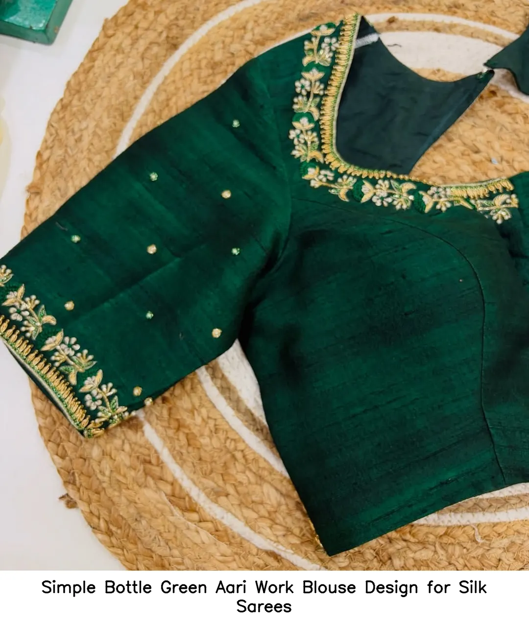 Simple Bottle Green Aari Work Blouse Design for Silk Sarees