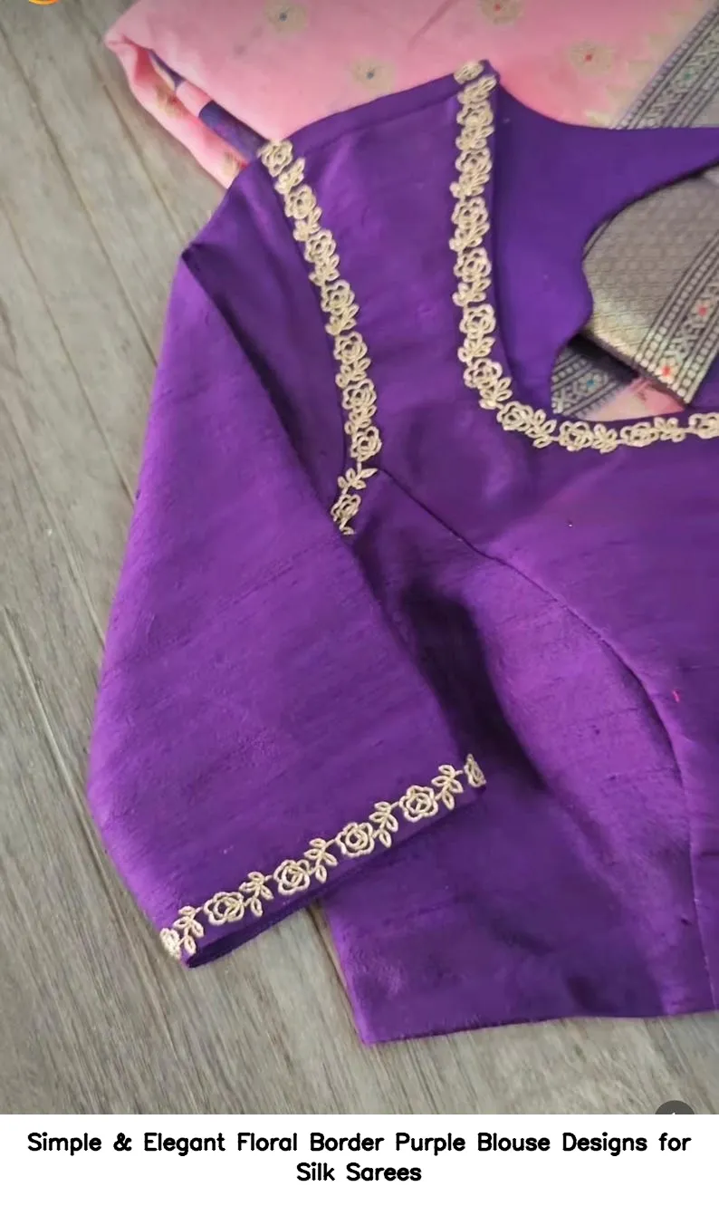 Simple & Elegant Floral Border Purple Blouse Designs for Silk Sarees
