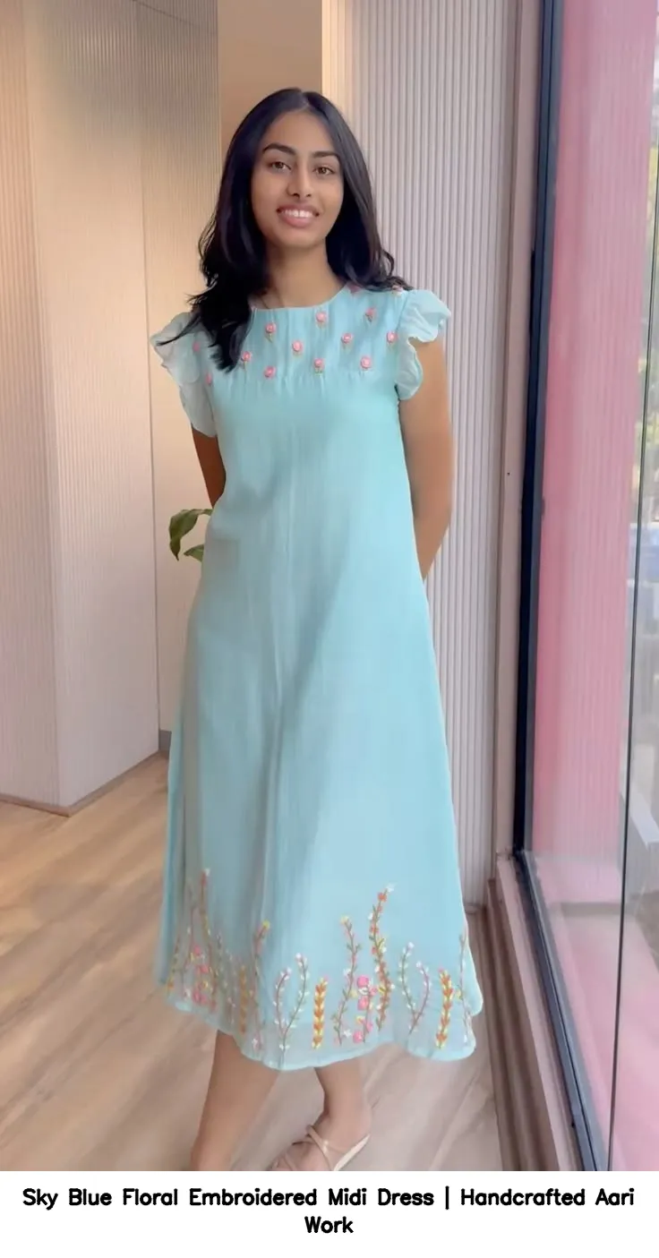 Sky Blue Floral Embroidered Midi Dress | Handcrafted Aari Work