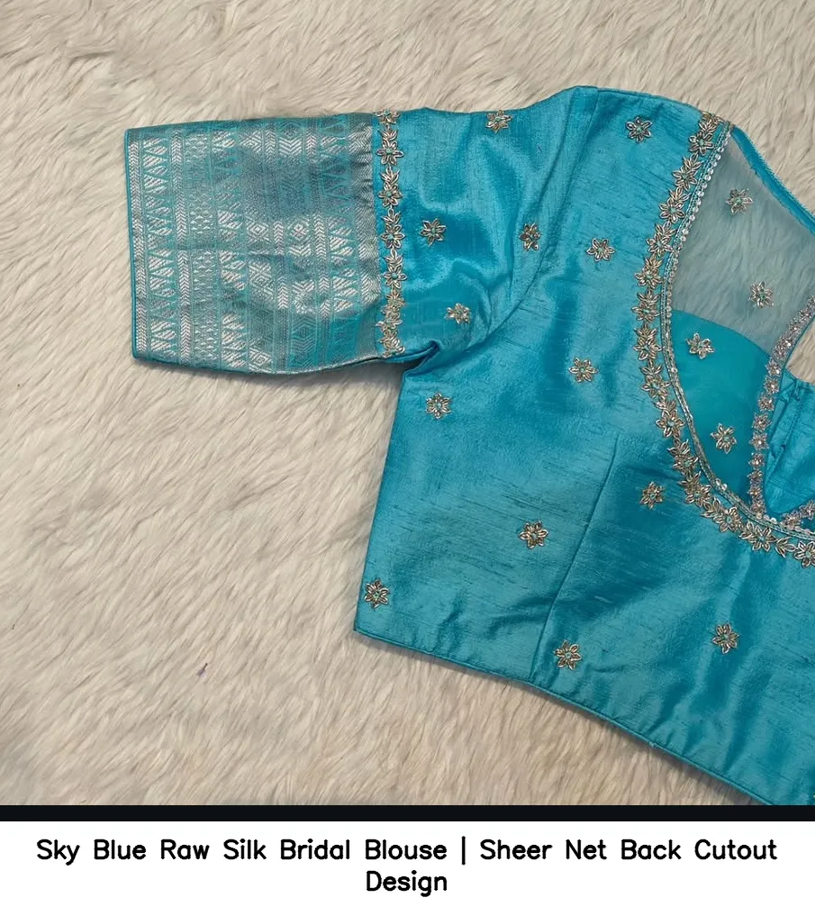 Sky Blue Raw Silk Bridal Blouse | Sheer Net Back Cutout Design