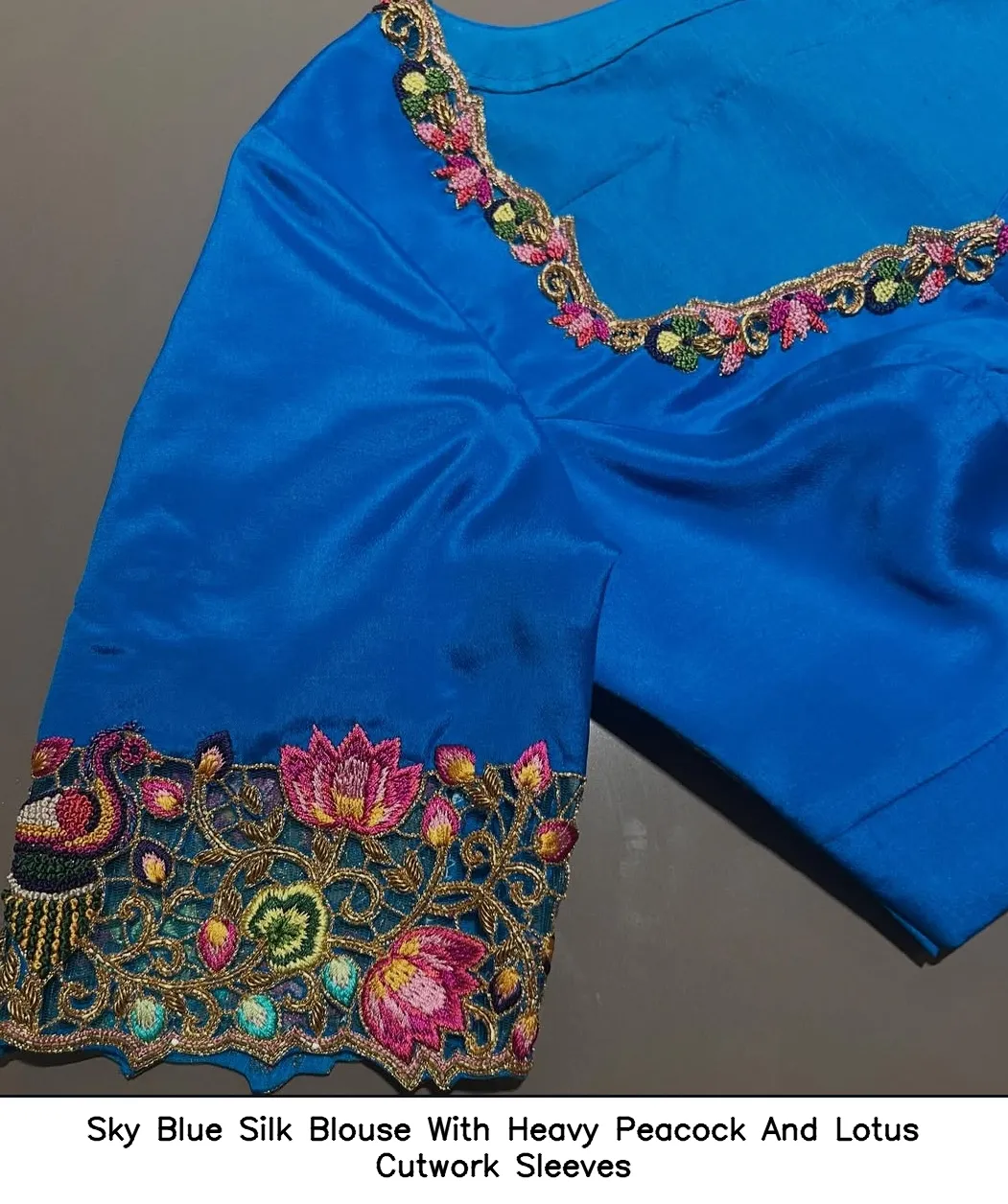 Sky Blue Silk Blouse With Heavy Peacock And Lotus Cutwork Sleeves